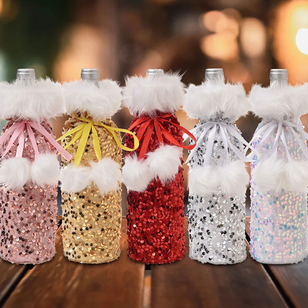 Christmas Wine Bottle Covers Bag Holiday Sequin Pompom Champagne Bottle Cover Red Merry Christmas Table Decorations For Home