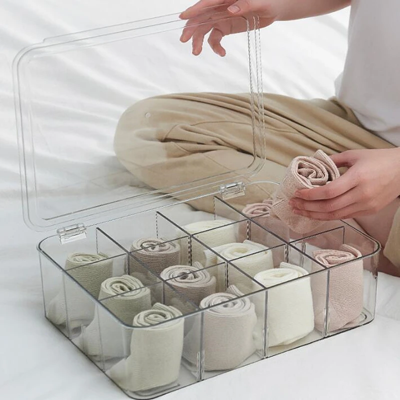 Transparent Underwear Storage Box, Closet Drawer Divider, Socks and Bra Finishing Case with Cover, 1Pc