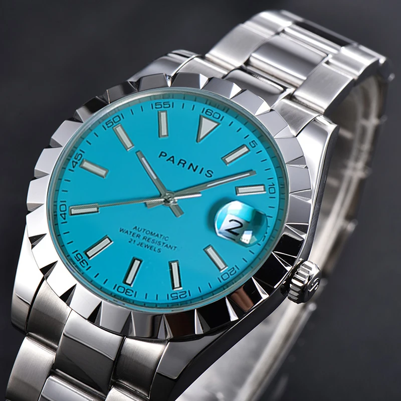 

PARNIS 39.5mm Blue Dial Sapphire Crystal 21 Jewels MIYOTA Automatic Men Watches Auto Date Polished Middle Strap