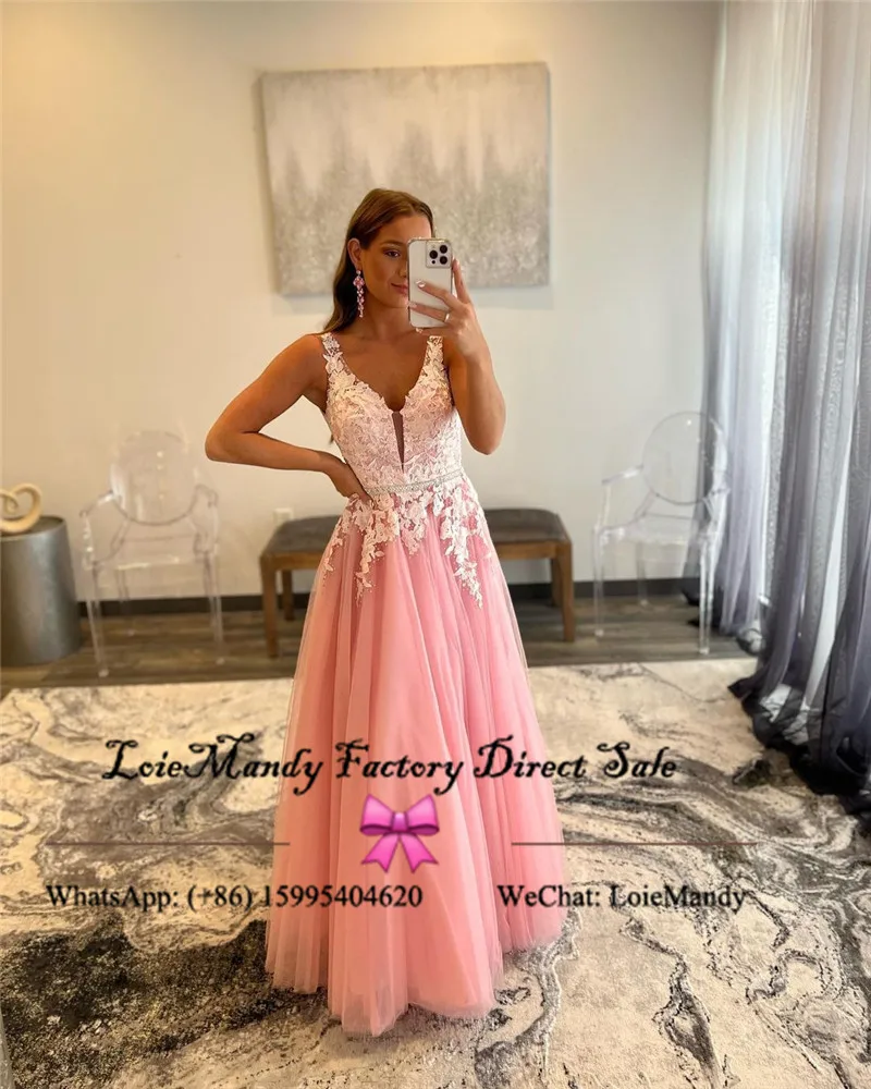 Vestido de fiesta largo de encaje con escote en V para mujer, elegante, de tul, Espalda descubierta, color rosa