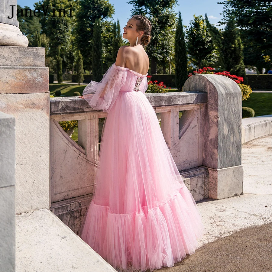 Janevini 2020 Charmant Roze Prinses Prom Jurken Met Puffy Lange Mouwen Sweetheart Ruches Tulle Een Line Plus Size Formele Kleding