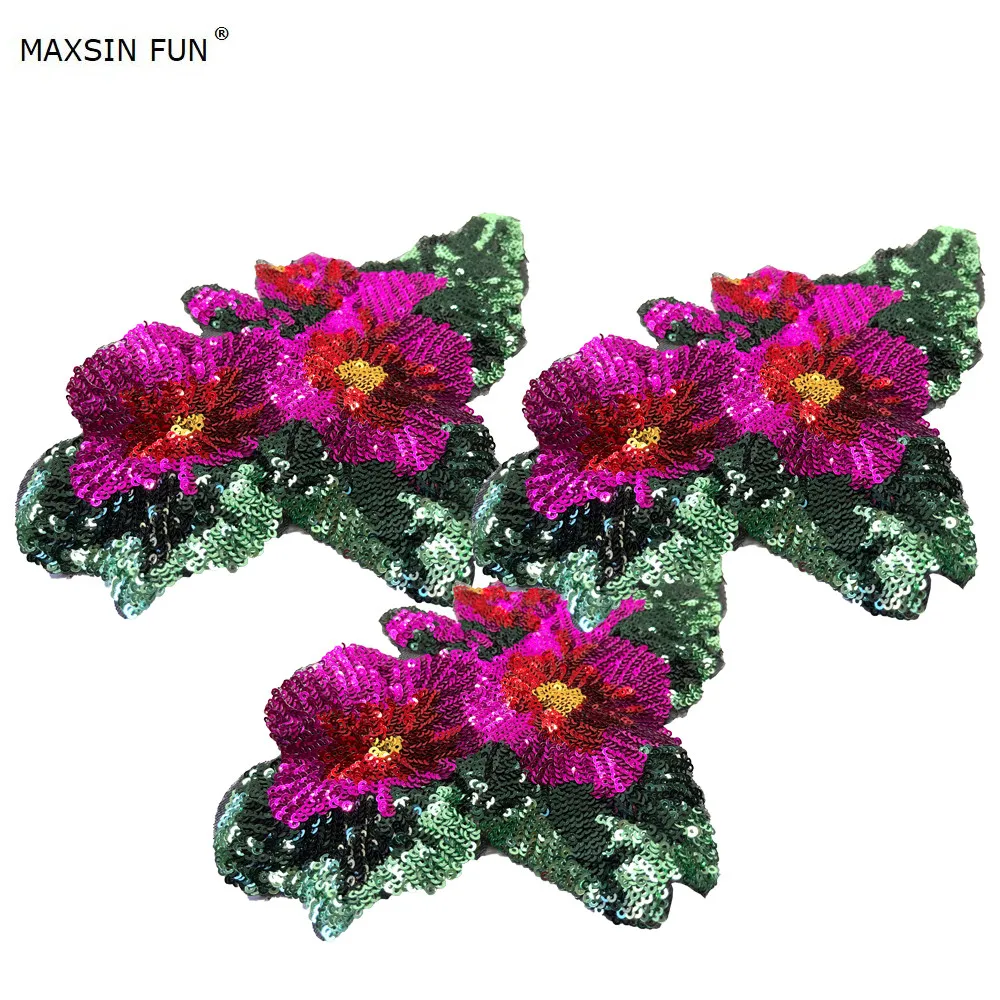 MAXSIN FUN  Large Sequins Sticker Cute Rose Flower Patches Sew on Jeans Clothes Decoration Accessories Applique DIY