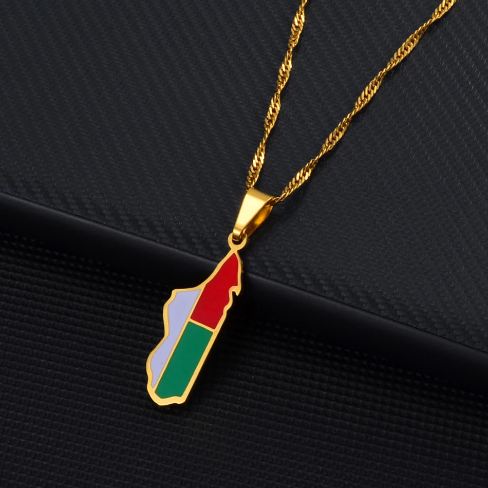 Anniyo Madagascar Map Flag Pendant Necklaces for Women Men Africa Malagasy Maps Jewelry #236021