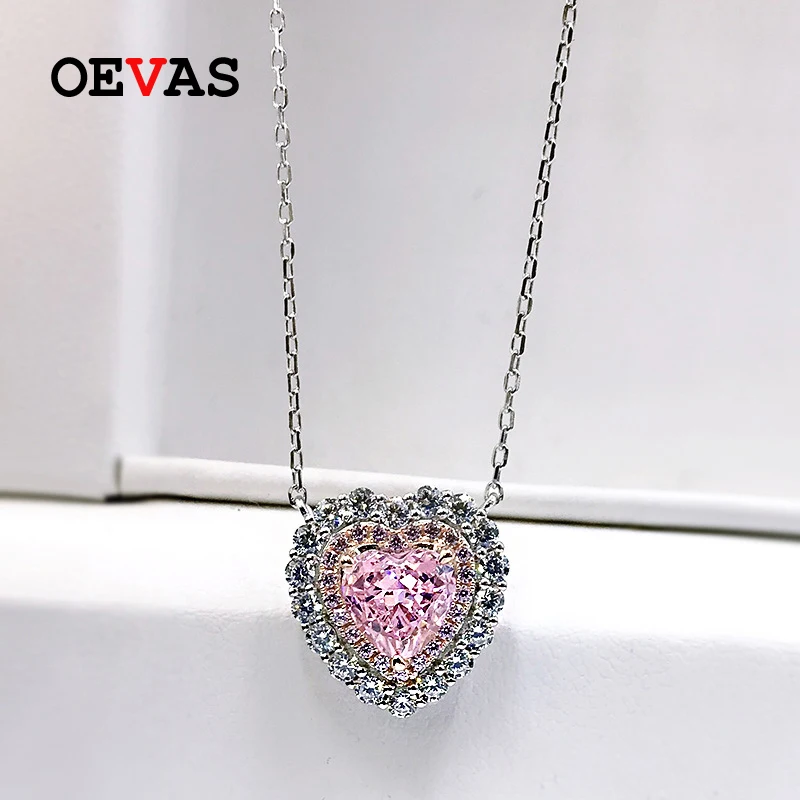 

OEVAS 100% 925 Sterling Silver 7*7mm Heart Pink Yellow High Carbon Diamond Pendant Necklace For Women Sparkling Fine Jewelry