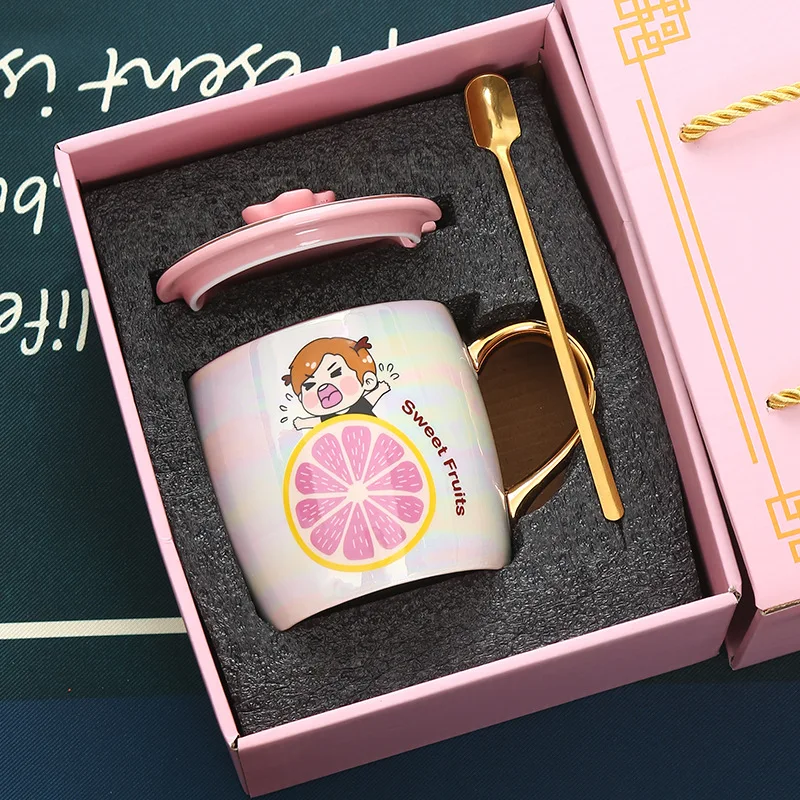 350ml Cute Strawberry Ceramic Coffee Mug with Lid and Spoon Novelty Funny Fruits Cup for Tea Milk Cappuccino Water