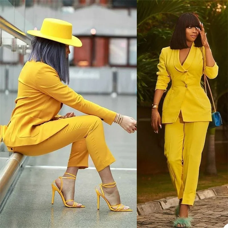 

Bright Yellow 2 Piece Women Suits Custom Made Spring Suit Fashion Design Casual Formal Lady Daily Wear Office Suits