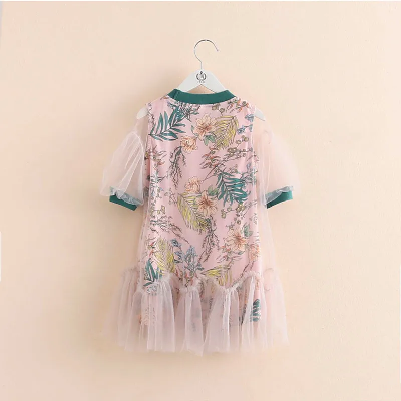 2024 Summer New Design 3 4 5 6 8 10 12 14 Years Lace Patchwork Flower Glitter Print Half Sleeve Cotton Kids Girls Lining Dress