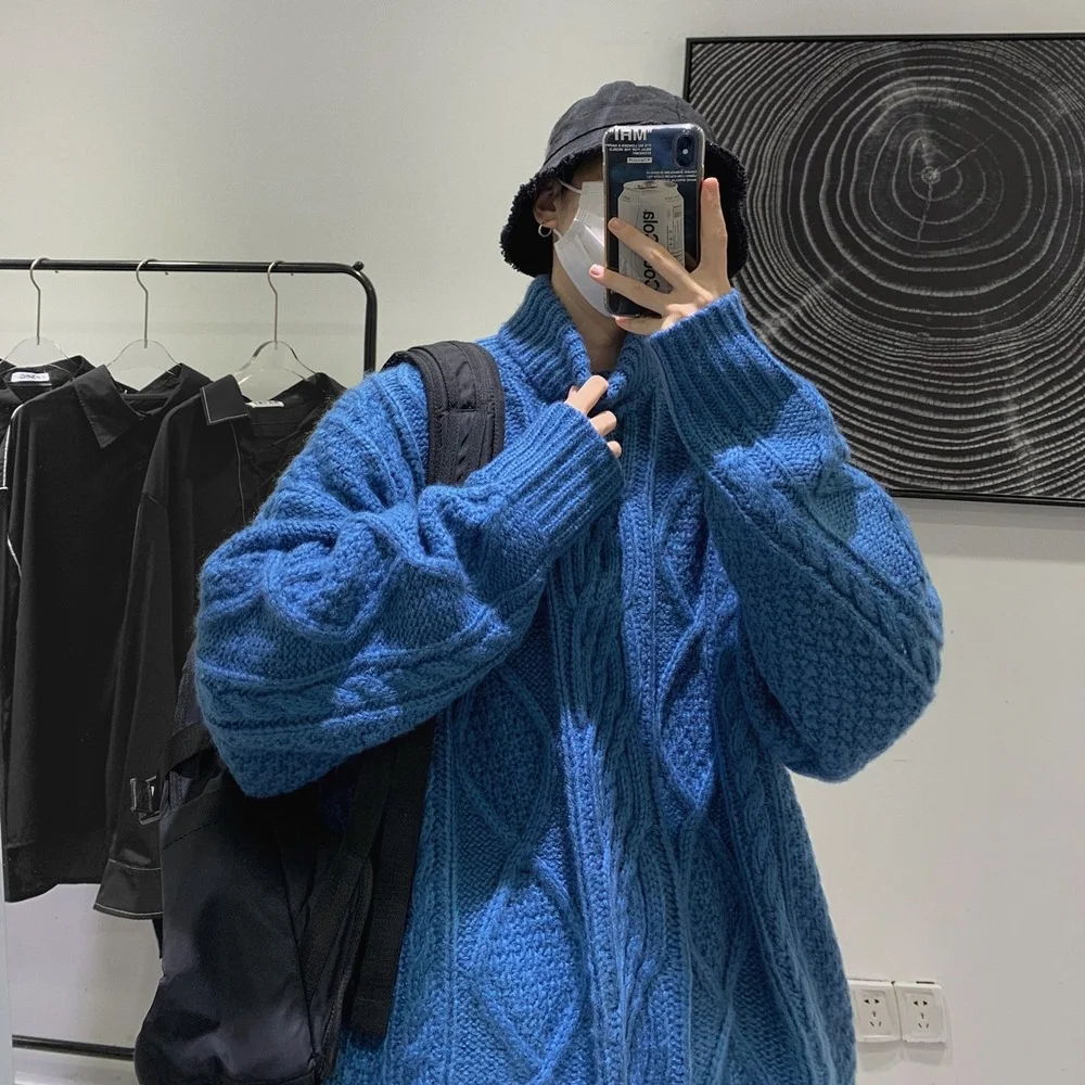 Vintage Hip Hop Streetwear Jumpers Men Clothes Orange Sweater Men Turtleneck Sweater Men High Neck Cable Knit Sweater Harajuku