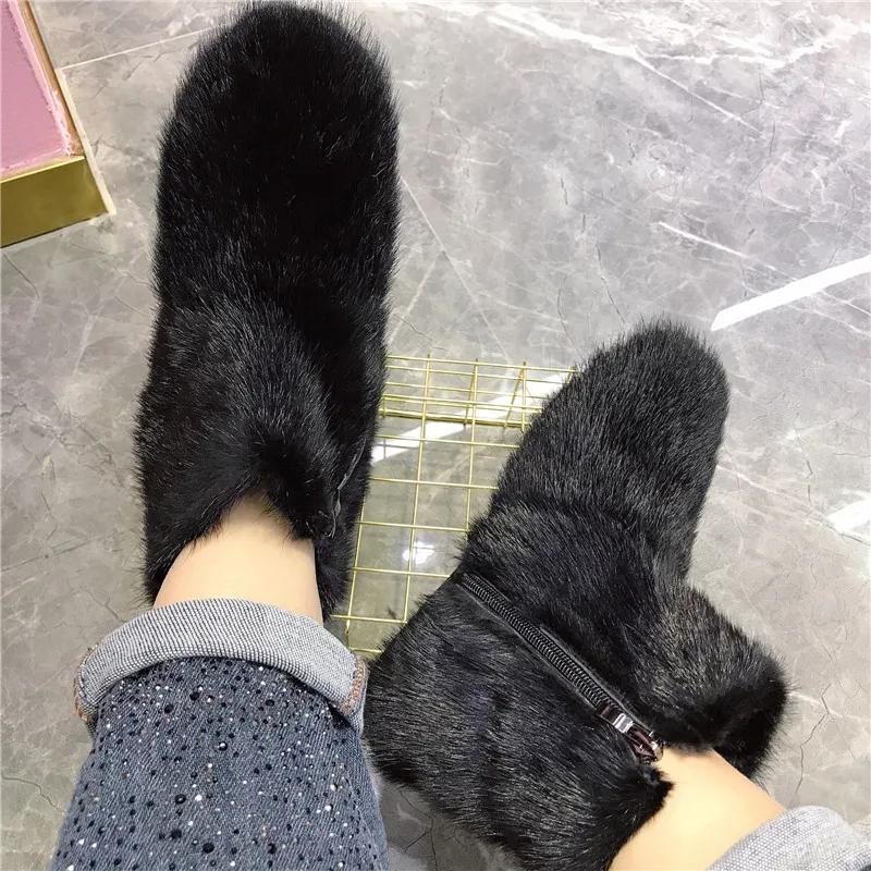 Real Mink Fur Women Snow Boots Black Winter Warm Furry Botas Mujer Casual Ankle Booties Thick Sole Platform Shoes Ladies Flats