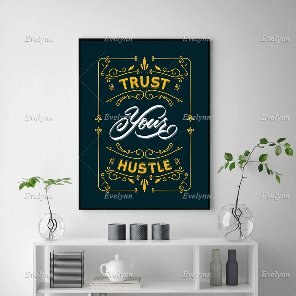 Wall Art Canvas Painting Home Decor Trust Your Hustle Inspirational,Motivational Quotes Print Posters Floating Frame Office Room