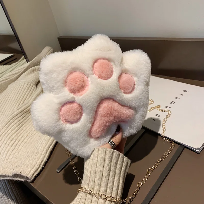 Cute Cat Paw Women Chain Shoulder Bag Soft Plush Handbag Crossbody Girls Coin Purse Children Zipper Bag New Trendy