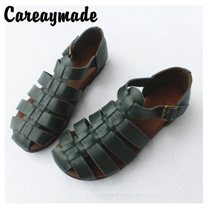 Careaymade-Summer first layer cowhide knitting retro Japanese flat soft bottom sandals original single goods leather sandals