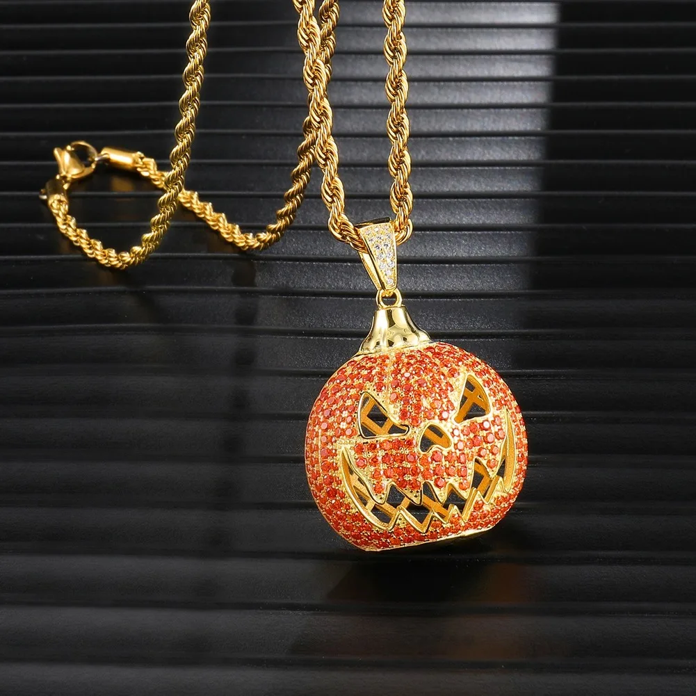 Bling Bling Pumpkin Lantern Necklace & Pendant Gold Silver Color Cubic Zircon Men's Women Hip Hop Jewelry for Gift