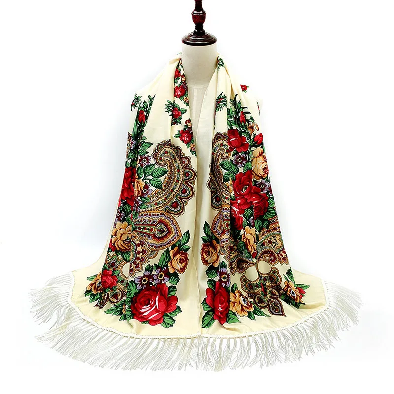 Ukrainian Russian Scarf Winter Female Handkerchief Women Wrap Shawl Babushka Long Hijab Floral Pattern Dupatta Polish Fringed