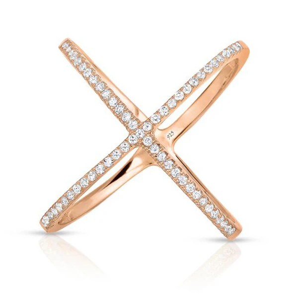 high quality rhodium rose gold authentic 925 sterling silver wide band X ring micro pave zircon criss cross ring for women