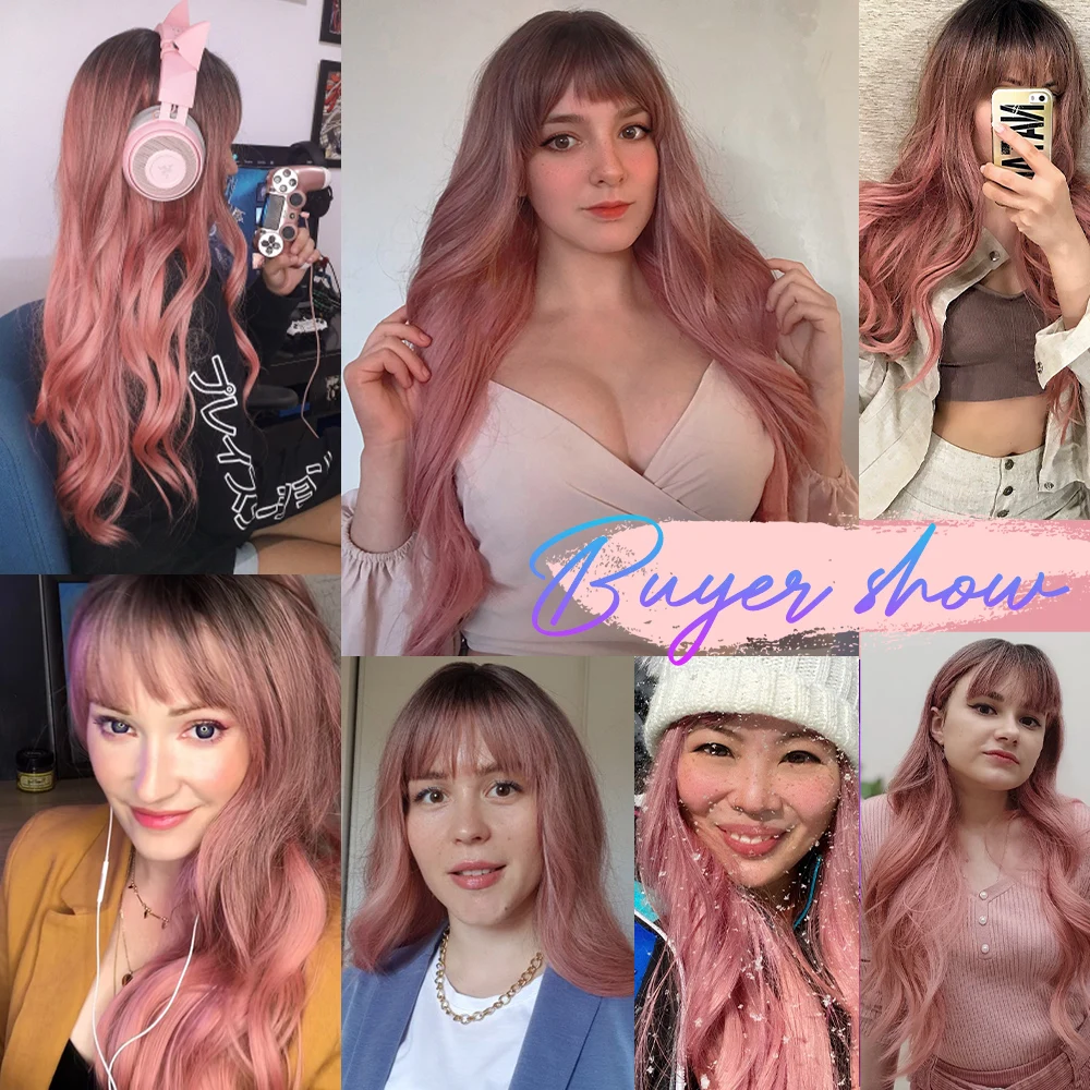 oneNonly Long Body Wave Ombre Brown Pink Synthetic Wigs with Bangs Natural Wave for Women Cosplay Natural Wig Heat Resistant