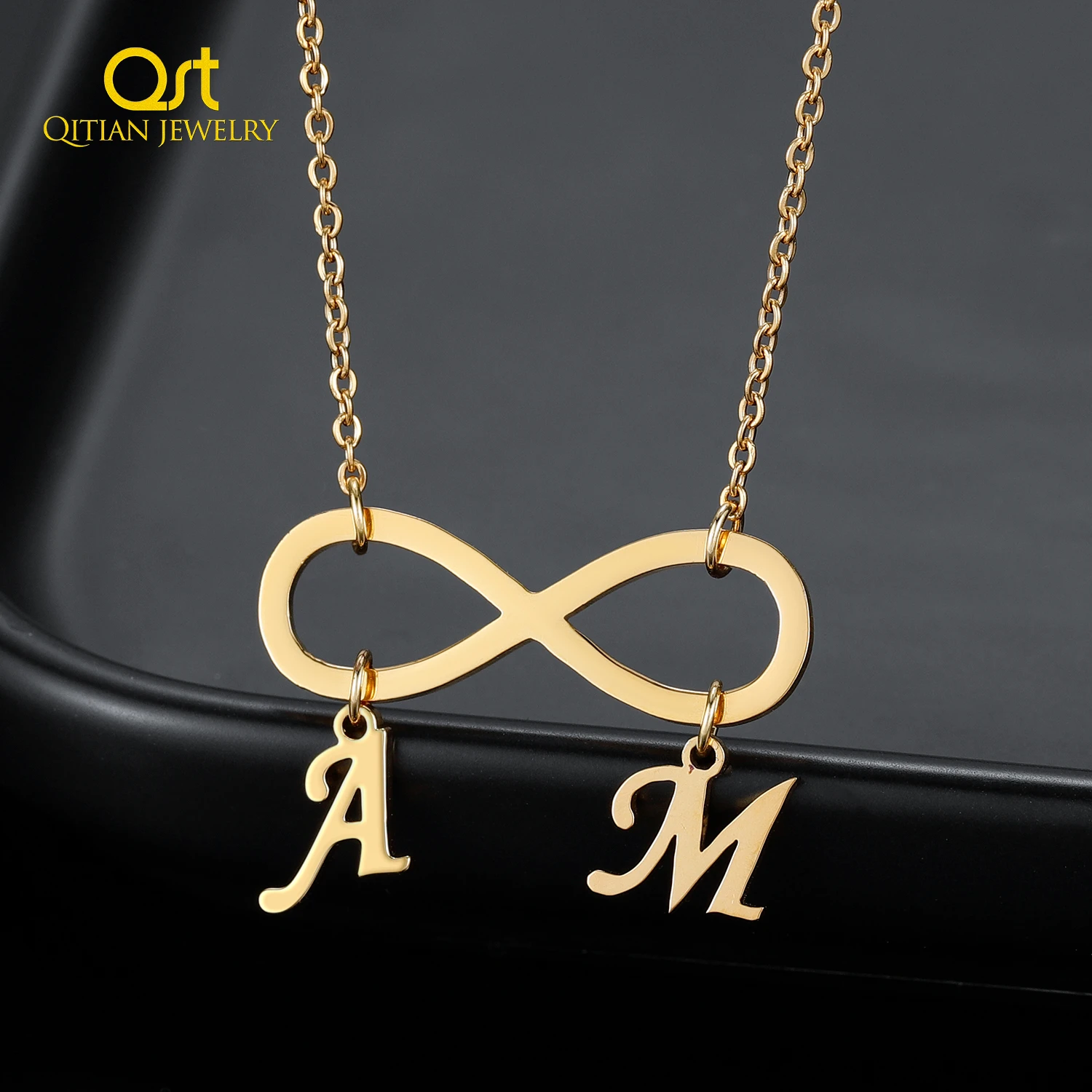 

Custom Initial Letter Necklace Infinite Loop Name Necklace For Women Personalized Gold Stainless Steel Nameplate Jewelry Gift