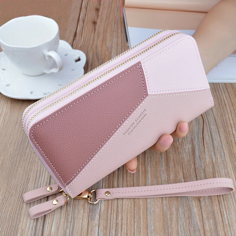 PU Leather Double Zipper Women's Wallets Large Capacity Female Splicing Coin Purses Card Holder Clutch Money Bag Free Shipping