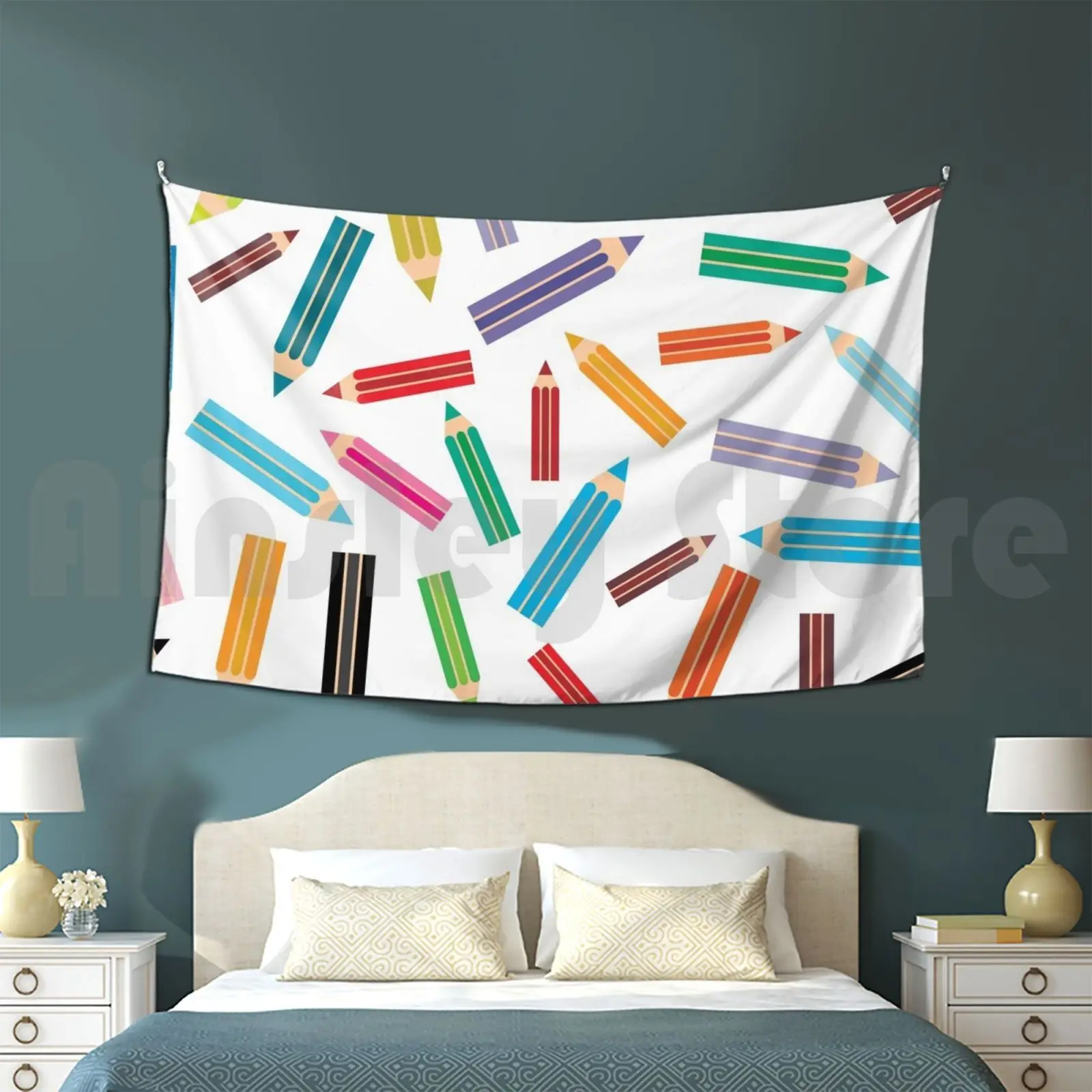 Pencils Illustration Seamless Pattern With Colored Pencils On White Background. Customized Tapestry Art