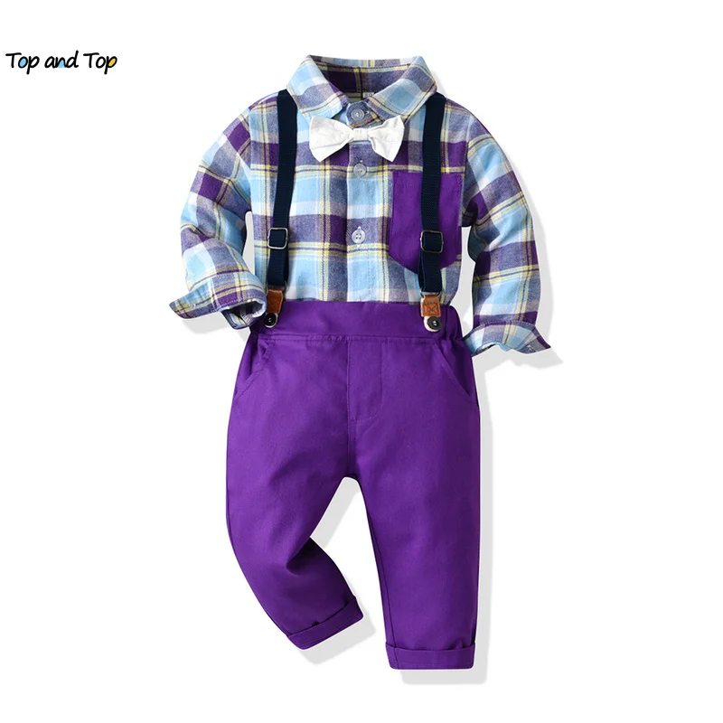 top and top New Fashion Boys Gentleman Plaid Clothing Set Outfit Long Sleeve Shirt+Suspender Pants Kids Boy Casual 2PCS Suit