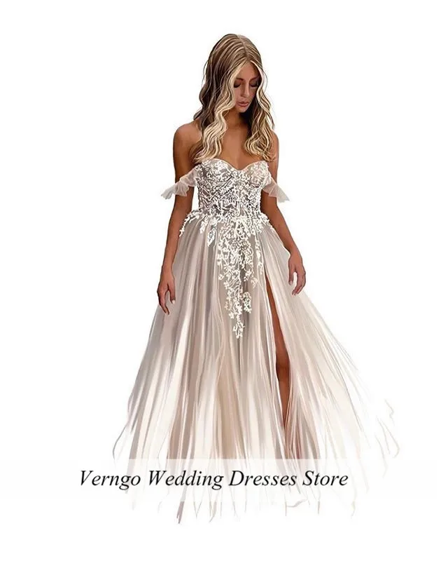 Verngo Beach Wedding Dress Seksi Sisi Celah Gaun Pernikahan Renda Bordiran Tulle Pengantin Gaun Off Bahu Gaun Panjang 2020 Vestidos