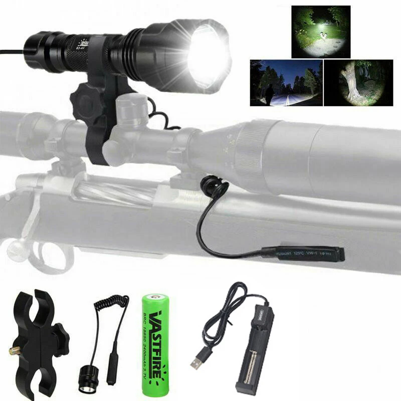 VASTFIRE C8 Tactical 4000LMs Hunting Flashlight White LED Weapon Pistol Light+Rifle Gun Rail Mount+18650+Pressure Switch+Charger