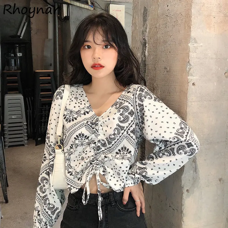 

Blouses Women Autumn V-neck Cropped Shirring Elegant Streetwear Holiday Print Classic Tender Aesthetic Preppy Vintage Ins Newest