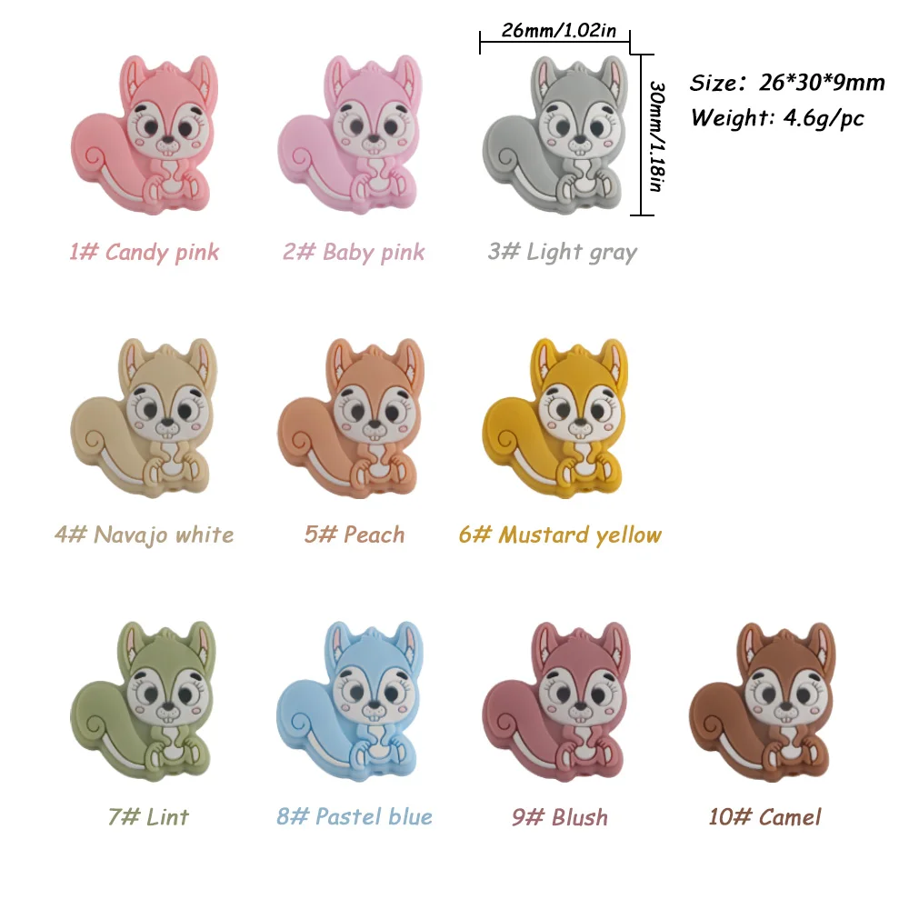 Kovict 10Pcs Cartoon Mini Squirrel Silicone Beads Cute Animal BPA Free DIY Teether Pacifier Clip Baby Accessories Teether Toy