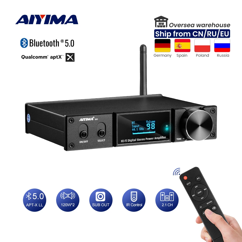 AIYIMA D05 2,1 Home Theater APTX Bluetooth 5,0 amplificador de potencia 120Wx2 amplificador de Subwoofer de sonido Digital USB DAC Amp