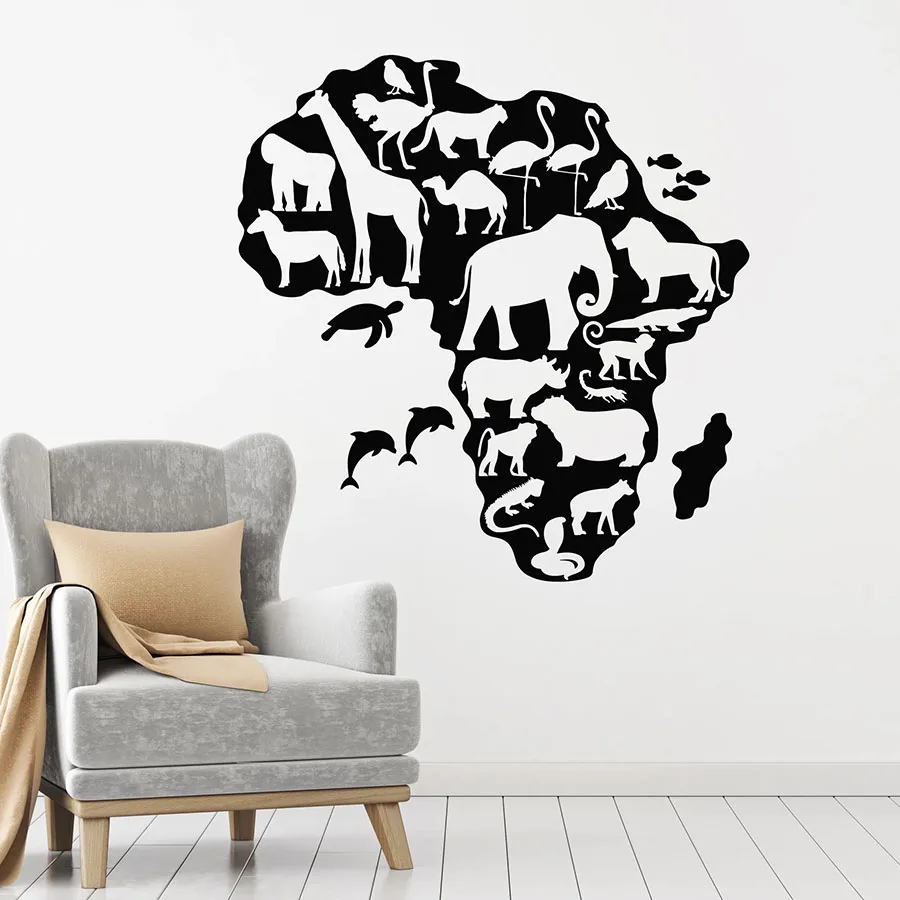 Wild Animal Wall Decal African Continent Map Geography Animals Vinyl Window Stickers Bedroom Kids Room Home Decor Mural S1368