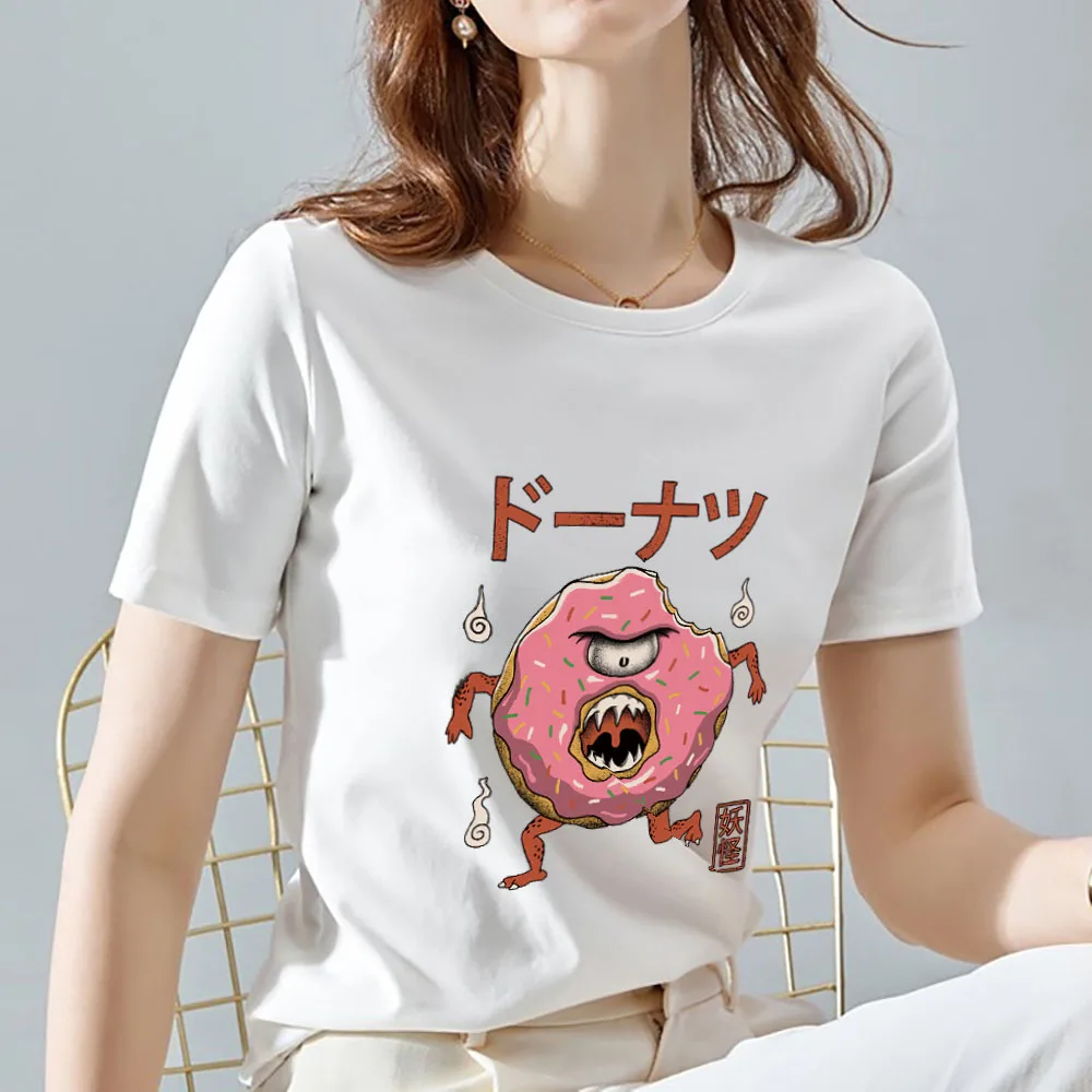 

Summer Women's T-shirt Casual Japanese Cartoon Cute Monster Print Commuter Round Neck Polyester Short Sleeve Ladies Soft Top