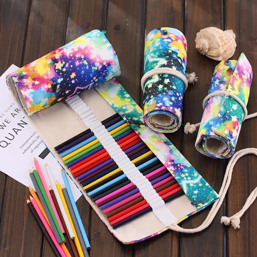 Starry sky Canvas Pencil Case Rolling Curtain Drawing Brush Storage 36/48/72 holes Pencil Bag for Student Stationery Organizer