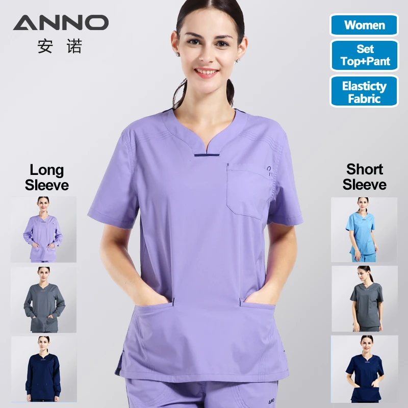 

ANNO Elasticity Cotton Spandex Body Nurse Uniform Female Scrubs Suit Hospital Paramedic Set Work Wear Short/Long Sleeves Clothes