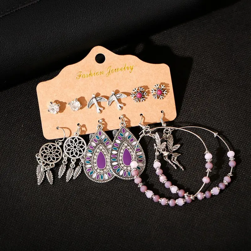 Ethnische Lila Perlen Runde Legierung Dreamcatcher Ohrringe Set Mode Frauen Sommer Böhmen Blume Wasser Tropfen Ohrringe Schmuck