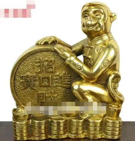 16 cm Pure Brass Chinese Zodiac Animal auspicious Wealth Fengshui Monkey Statue