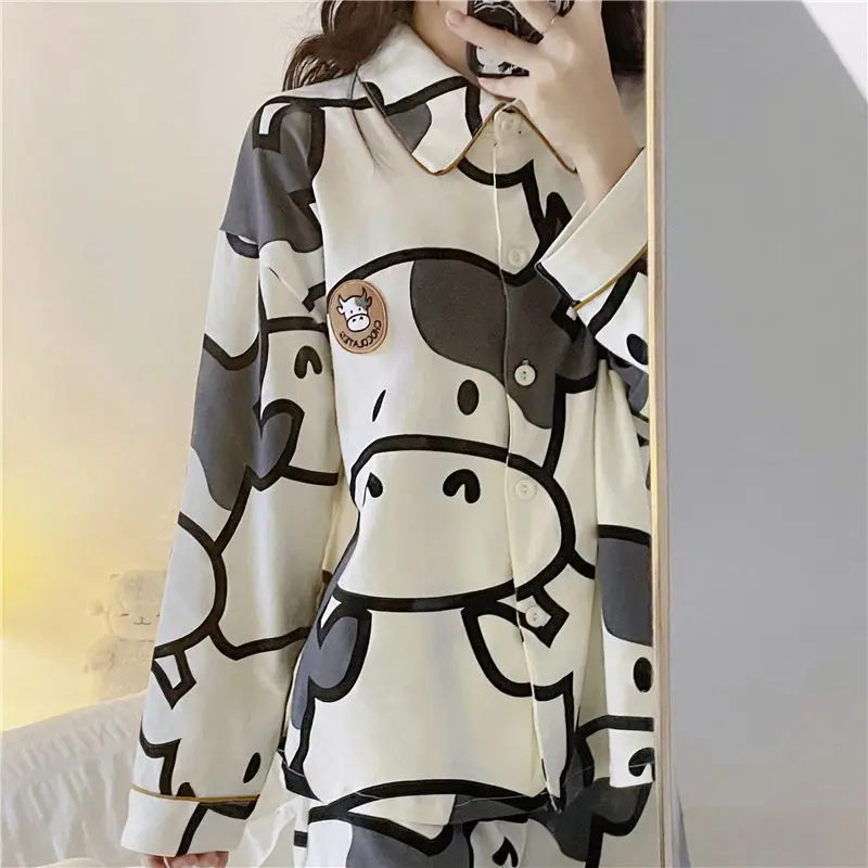 

QWEEK Cow Print Women's Pajamas Home Clothes Cute Autumn Winter Pyjama Pour Femme Kawaii Sleepwear Pijamas Nightie