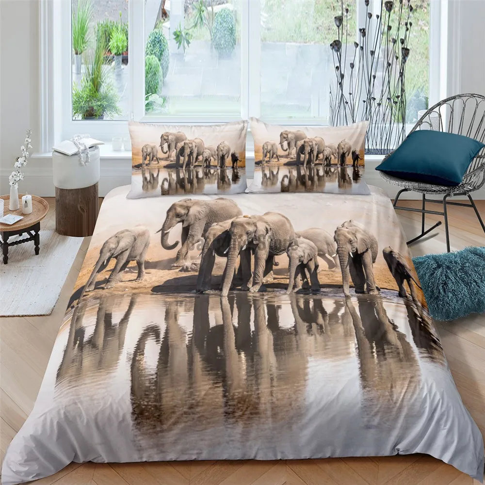 Luxury 3D Elephant World Print 2/3Pcs Kids Bedding Set Animal Pattern Duvet Cover Pillowcase Home Textile Queen and King Size