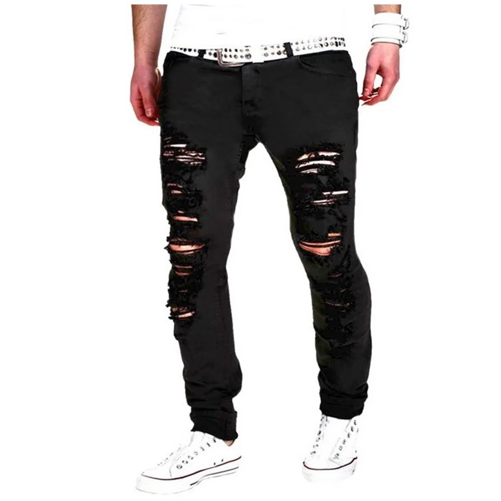 EH · MD® White Hole Scratch Jeans Men's Cotton High Street Urban Stretch Black Pants Slim Breathable Thin Foot Comfortable 2020