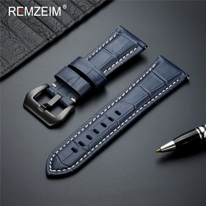 REMZEIM New 20 22 24 26mm Genuine Leather Watch Band Strap Blue watchband Watch Accessories Bracelet with Solid metal Buckle