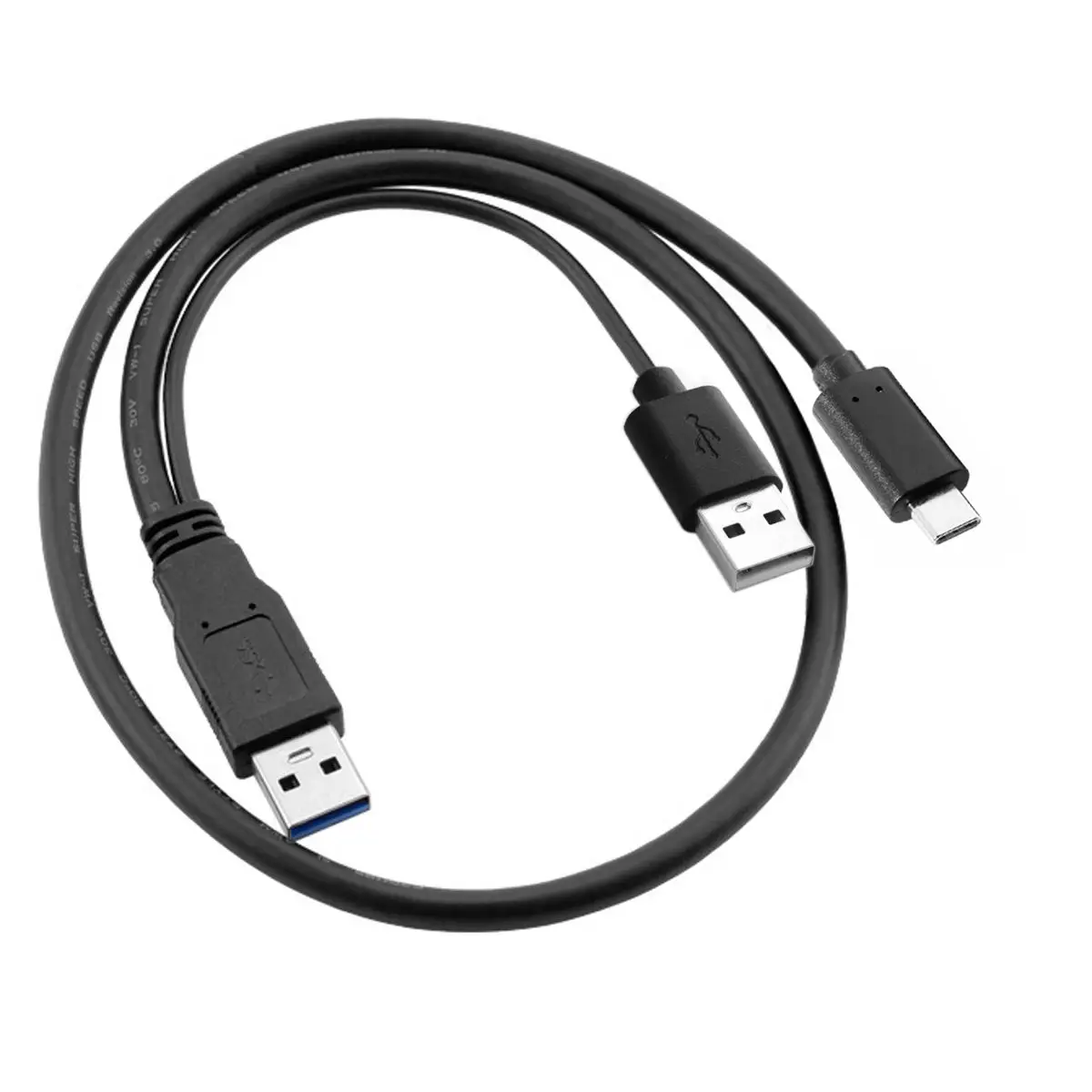 USB 3.0 Power Data Male & USB 2.0 Dual Power to USB-C Type-C Y Cable Cord for Lap top & Hard Disk 60cm Black