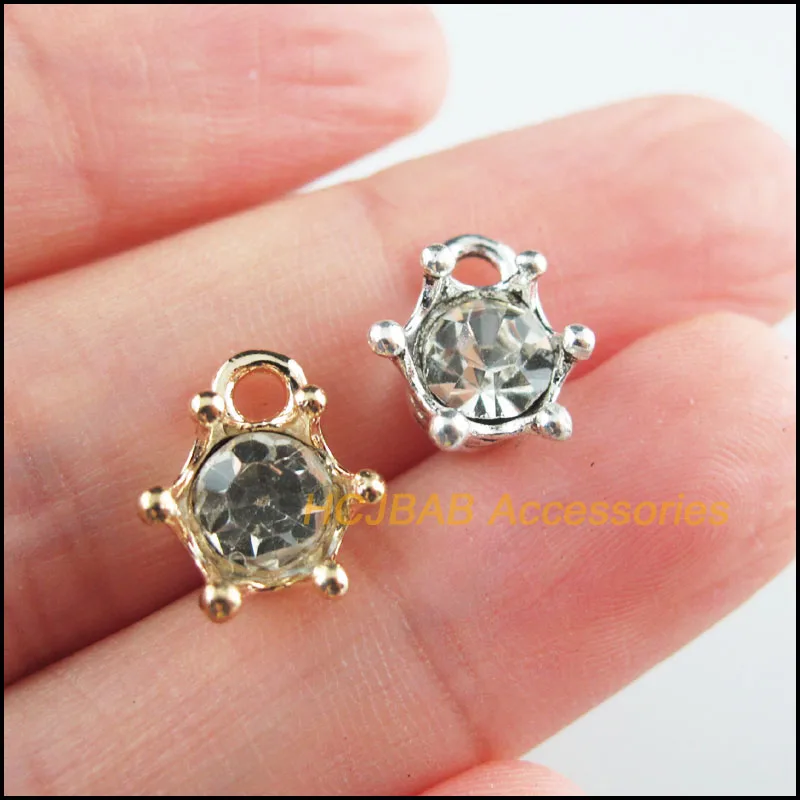 15Pcs Retro Gold Tibetan Silver Tone Crown Clear Crystal Charms Pendants 11x13.5mm