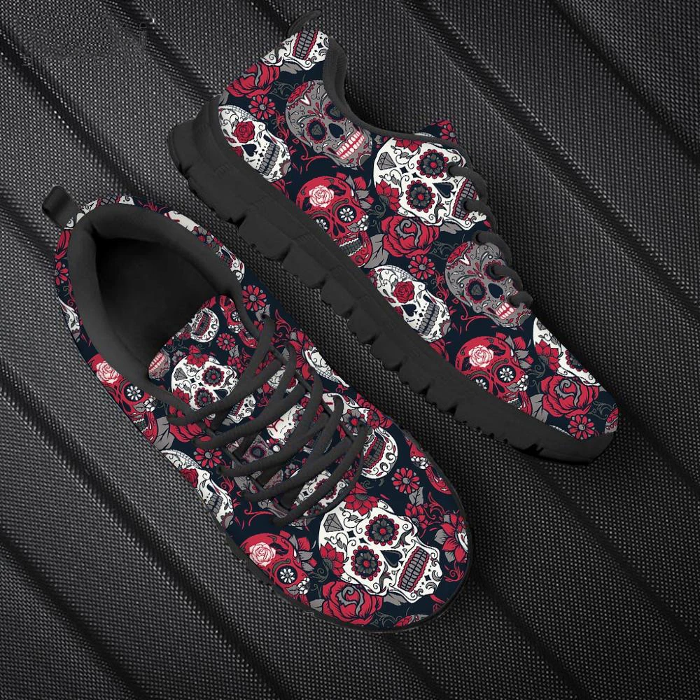 Cute Sugar Skull Print Ladies Sneakers Men Flats Luxury Designer Women Lace Up Jogging Sport Shoes Breathable Male Walking Shoe - view 2