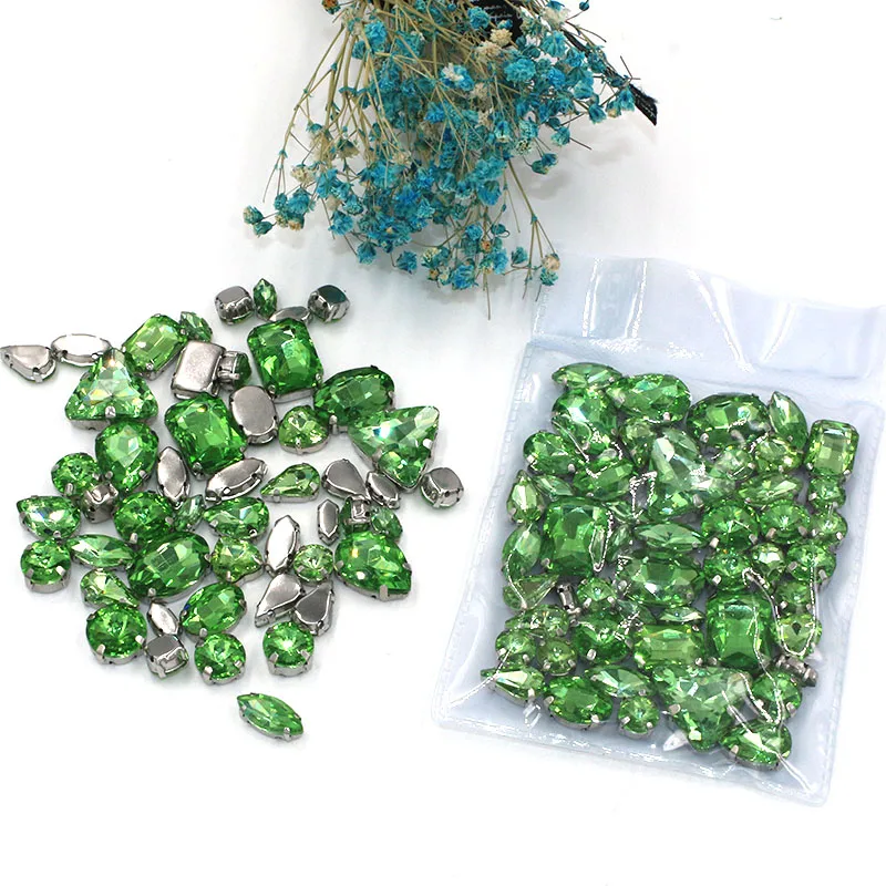 Sell at a loss! 50pcs/bag high quality mixed shape light green sew on glass crystal claw rhinestones for clothing/dress/bags