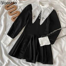 Spring Autumn Gothic Chic Party Mini Dress Girly Harajuku Y2K Lace Patchwork Punk Dress Women Vintage Cross Embroidery Dresses