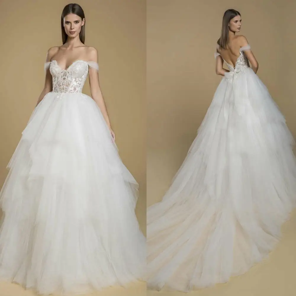 2021 Abiti Da sposa Off Spalla Del Merletto Appliques Perline Abiti Da Sposa Custom Made Sexy Backless Sweep Train A-Line Abito Da Sposa