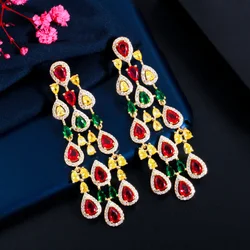 CWWZircons Multicolor CZ Dangle Tassel Water Drop Long Big Chandelier Earrings for Women Engagement Wedding Brides Jewelry CZ847