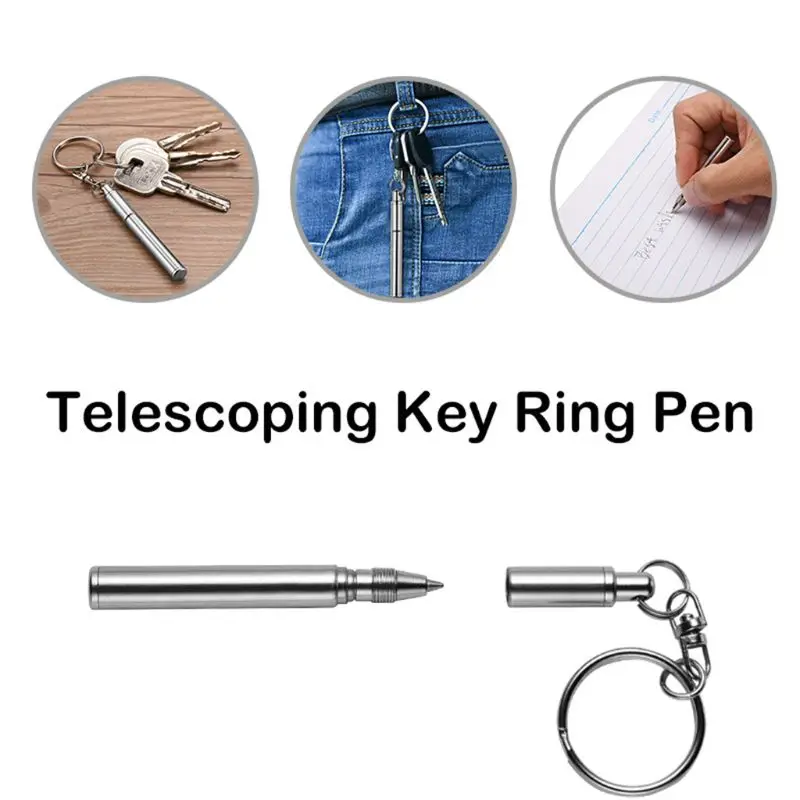 Portable Key Ring Stainless Steel Telescopic Pen Telescoping Ballpoint Pens Keychain Tool