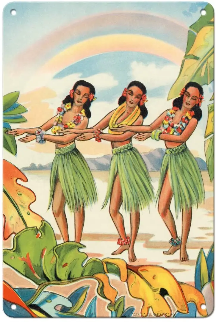 Aloha NUI Loa from Hawaii - Hula Girls - Vintage Hawaiian Airbrush Art by Ted Mundorff c.1930s - 8in x 12in Vintage Metal Tin