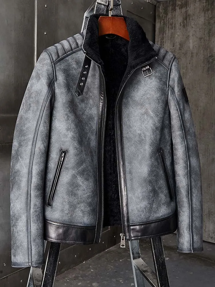 New Shearling Coat Mens B3 Bomber Jacket Grey Motorcycle Leather Overcoat Winter Sheepskin Fur Outerwear