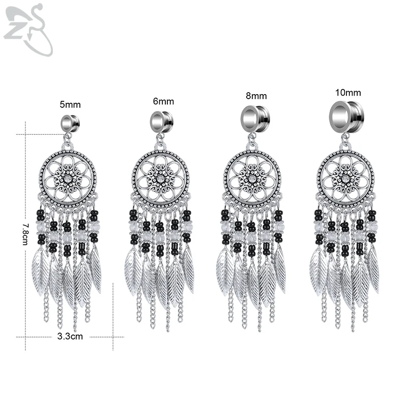 ZS 5-10mm Dream Catcher Bohemian Ear Tunnel Stainless Steel Ear Plug and Tunnel Tassels Drop Ear Expander Ear Piercing for Women